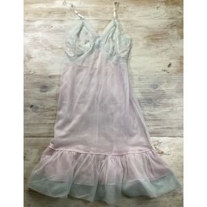 Vintage 1950s Nylon Slip Dress Pink & Blue Lace Trim Pin Up Lingerie Size 34